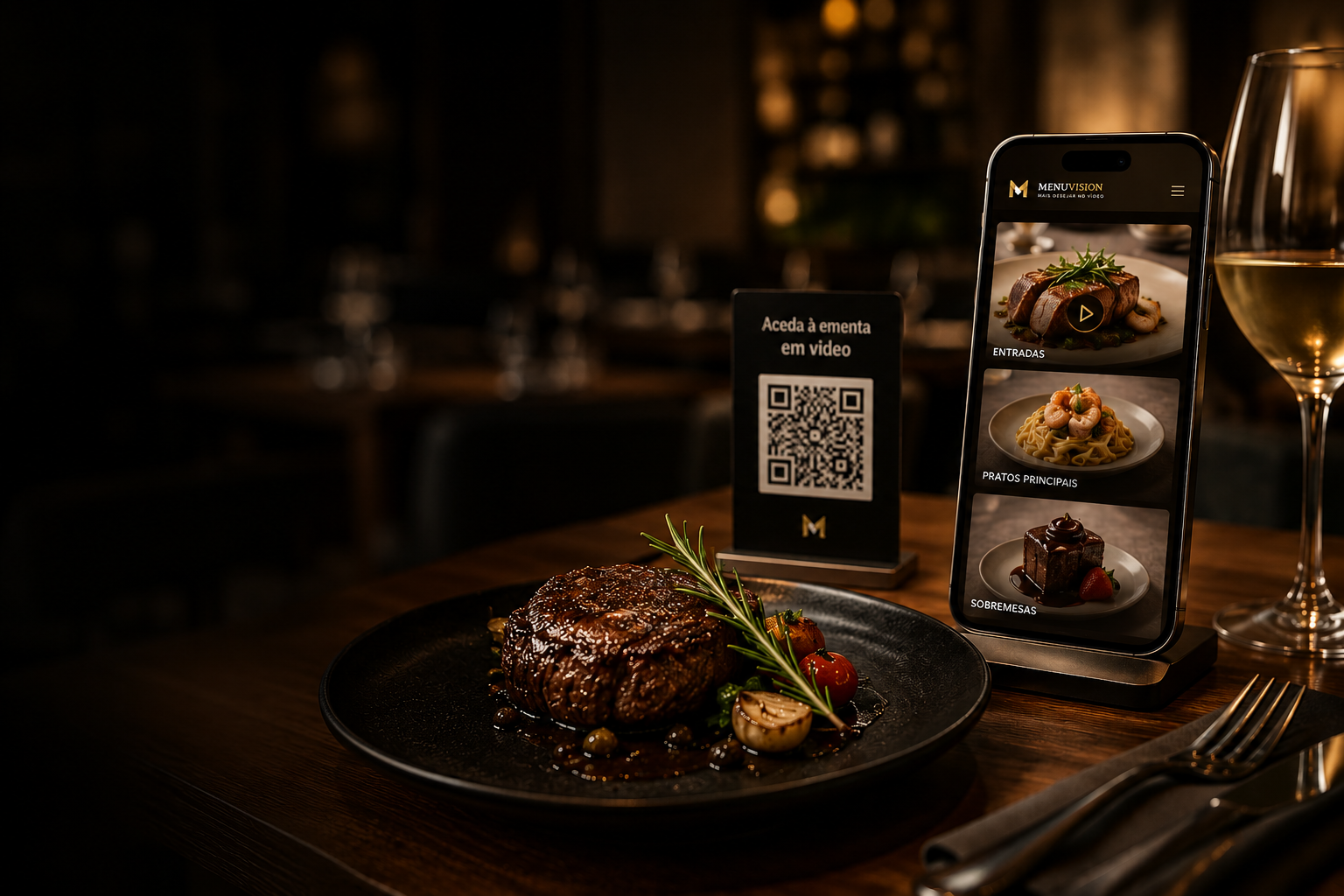 Mesa de restaurante com prato gourmet, telemóvel com ementa em vídeo e QR code
