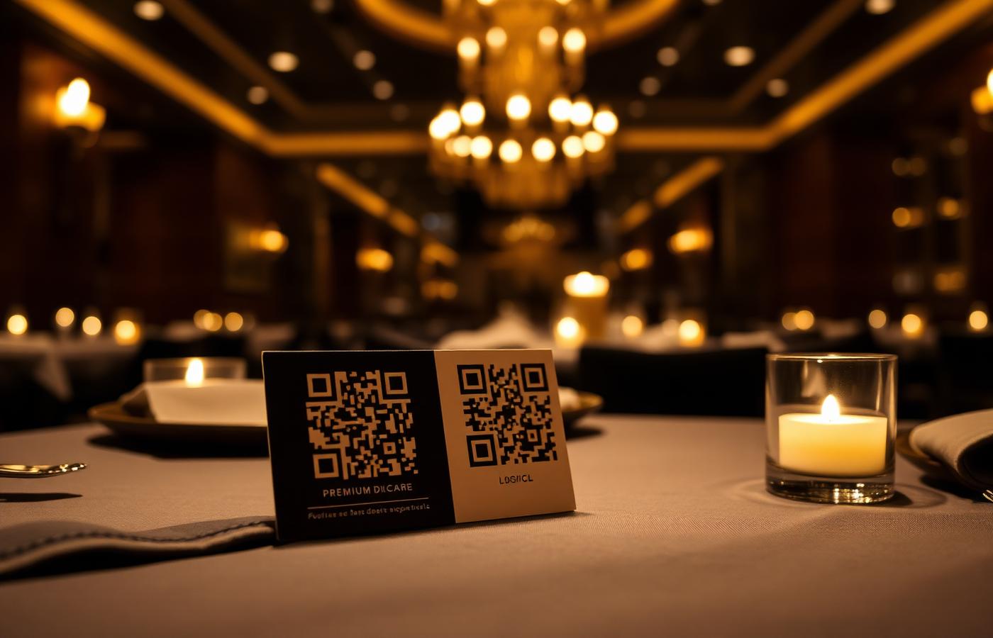 Mesa de restaurante com cartão de QR Code à luz de vela