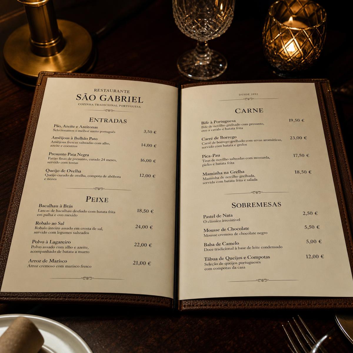 Ementa física tradicional de um restaurante português sobre uma mesa elegante